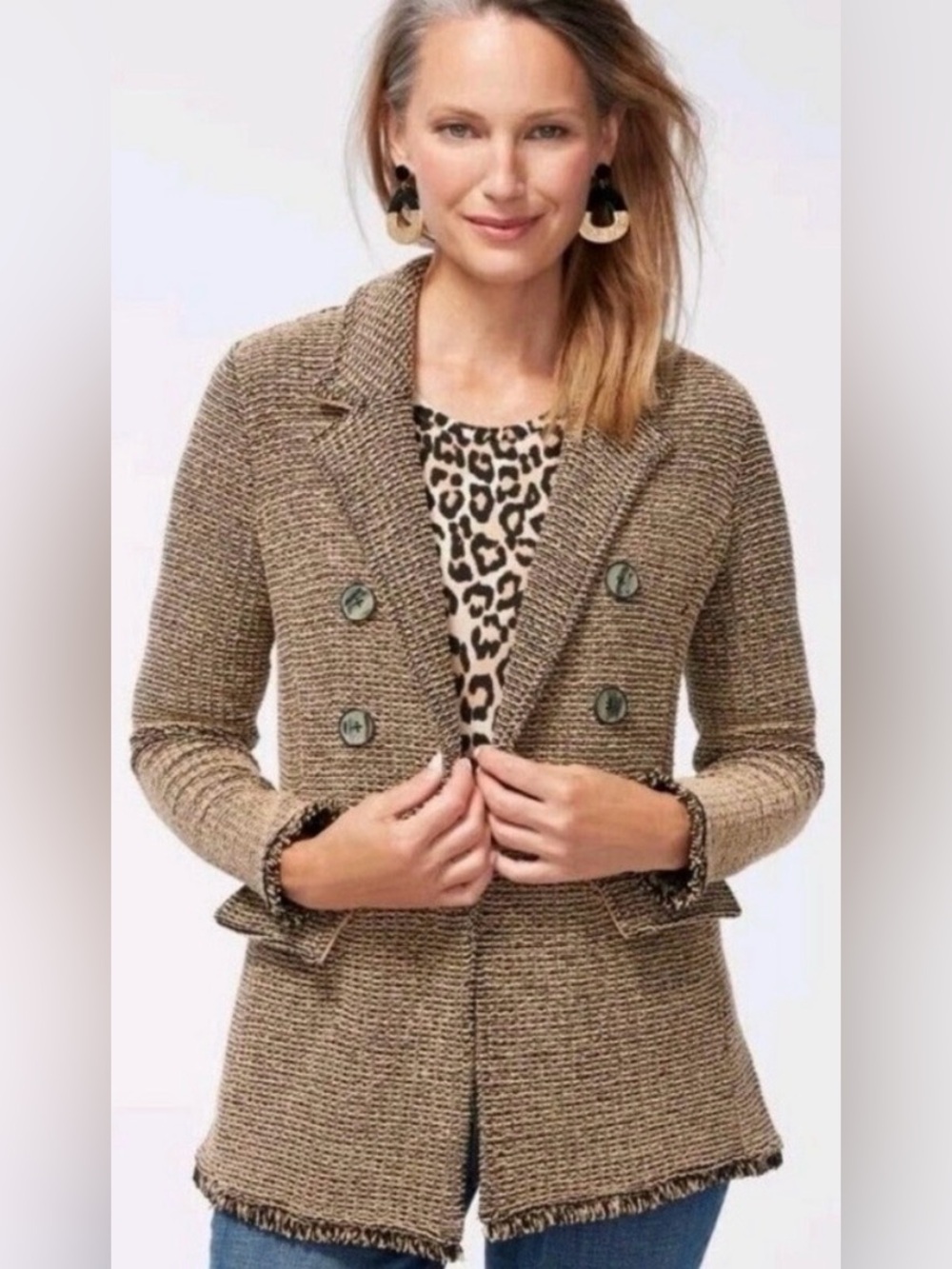NWOT Chico’s Brown and Black Textured Double-breasted Blazer Size 3 US XL